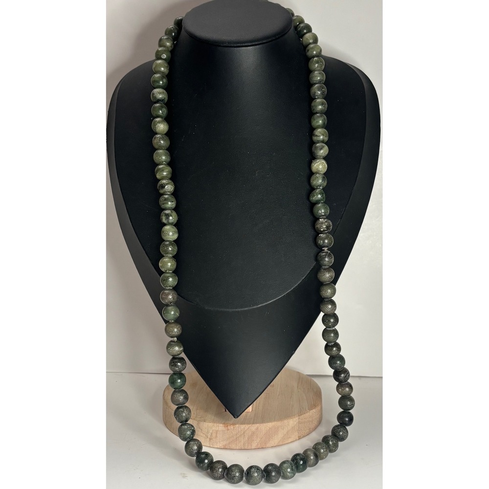 Vintage Jadeite Jade Moss Green Bead Opera Length Necklace 30 Inch 8mm Beads